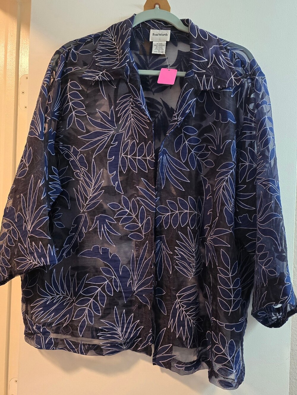 125 Bon Worth Navy Sheer Leaf-Print Button-Down Blouse